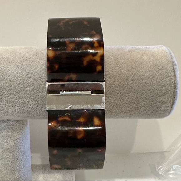 Rustic Cuff Bracelet wide clamper bangle Faux Tortoise, silver tone - Picture 4 of 13